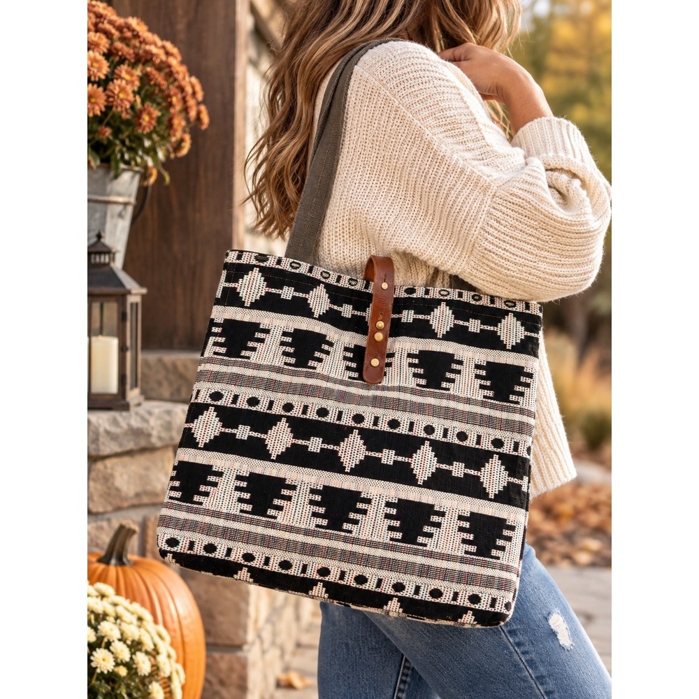 TSD Tribal Secret Woven Tote Bag Southwestern Boho Leather Canvas Shoulder Bag